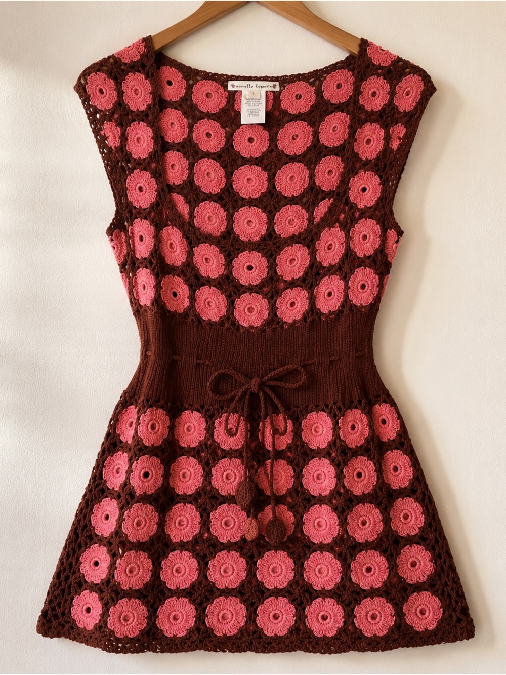 Nanette Lepore Brown Crochet Top with Pink Floral Motifs